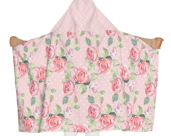 Shabby Chic Youth Hooded Towel, Floral Baby Bath Wrap, Kids Beach Cover Up, Pink Rose Pattern, Cozy Children's Swim Towel