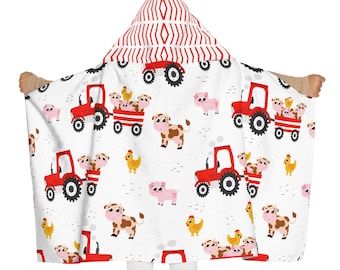 Farm Youth Hooded Towel, Kids Hooded Beach Towel, Colorful Animal Bath Towel, Children's Farmhouse Poncho Towel, Cute Farm Critters Design