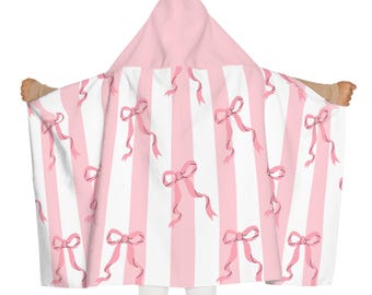 Youth Hooded Towel, Pink Bows & Stripes Design, Kids Bath Towel, Children's Beach Towel, Hooded Poncho, Baby Shower Gift