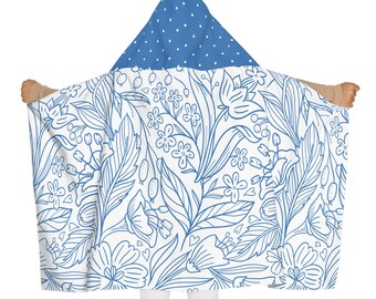 Royal Blue Floral Youth Hooded Towel, Kids Bath Towel, Children Beach Towel, Cute Polka Dot Hooded Towel, Floral Patterned Hooded Towel