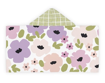 Floral Geometric Youth Hooded Towel, Lavender Pink Flowers Green Design, Kids Bath Wrap, Children's Beach Towel, Personalized Hooded Poncho,