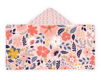 Floral Youth Hooded Towel, Girly Pink Blue Pattern, Kids Bath Towel, Flower Beach Towel, Children's Swim Cover Up