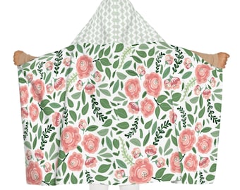 Floral Youth Hooded Towel, Cute Kids Bath Wrap, Baby Girl Shower Gift, Pink Green Flower Pattern, Children's Beach Towel