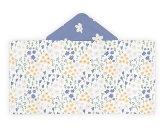 Floral Youth Hooded Towel, Kids Beach Cover-Up, Flower Pattern, Children's Bath Towel, Blue and White Design