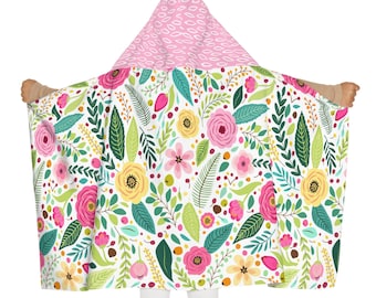 Floral Youth Hooded Towel, Kids Beach Towel, Colorful Flower Design, Child Bath Wrap, Summer Pool Towel