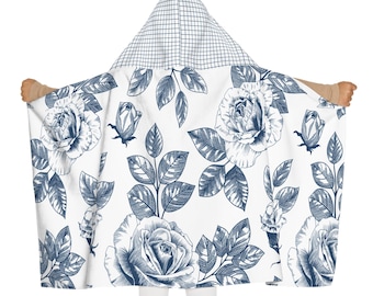 Youth Hooded Towel, Navy Blue Roses Design, Kids Bath Towel, Floral Beach Towel, Children's Swim Cover Up, Flower Pattern Towel
