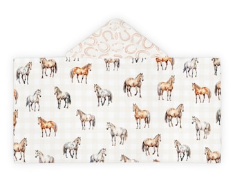 Hooded Towel, Kids Bathrobe with Horseshoe Print, Cute Horse Theme, Children's Poncho, Animal Lover Gift, Baby Shower Present