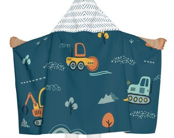 Boys Construction Youth Hooded Towel - Cute Print Bath Beach Kids Fun Gift, Toddler Bathrobe, Children's Bath Wrap, Baby Shower Present,