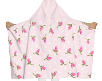 Youth Hooded Towel, Sweet Pink Rosebud and Polkadot Design, Kids Beach Towel, Children Bath Wrap, Floral Baby Towel, Cute Toddler Poncho,