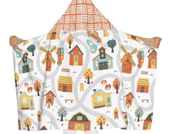 Kids Hooded Towel, Cute Farm Print Hooded Towel, Children's Bathrobe, Colorful Animal Towel, Baby Shower Gift, Farmhouse Bathroom Decor