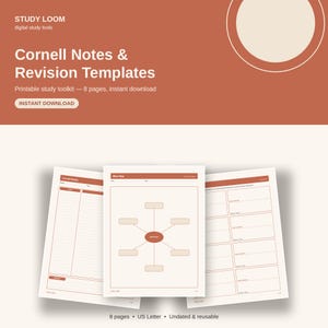 May include: A set of printable Cornell Notes and revision templates featuring a terracotta and cream colour scheme. The text reads STUDY LOOM, Cornell Notes & Revision Templates, and INSTANT DOWNLOAD. The pages include structured layouts for notes.