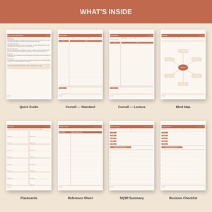 May include: A digital collection of eight study templates titled WHAT'S INSIDE, featuring a Quick Guide, Cornell Standard, Cornell Lecture, Mind Map, Flashcards, Reference Sheet, SQ3R Summary, and Revision Checklist in a terracotta and cream color scheme.