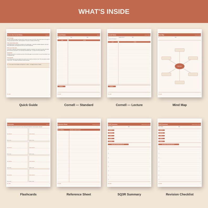 May include: A digital collection of eight study templates titled WHAT'S INSIDE, featuring a Quick Guide, Cornell Standard, Cornell Lecture, Mind Map, Flashcards, Reference Sheet, SQ3R Summary, and Revision Checklist in a terracotta and cream color scheme.