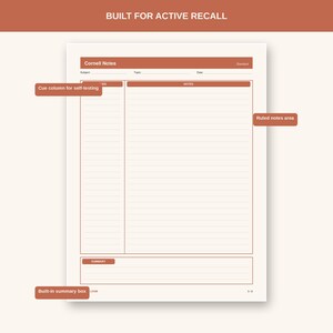 May include: A Cornell Notes template page with a terracotta color scheme. The layout includes a header with fields for subject, topic, and date, a cue column for self-testing, a large ruled notes area, and a built-in summary box at the bottom.