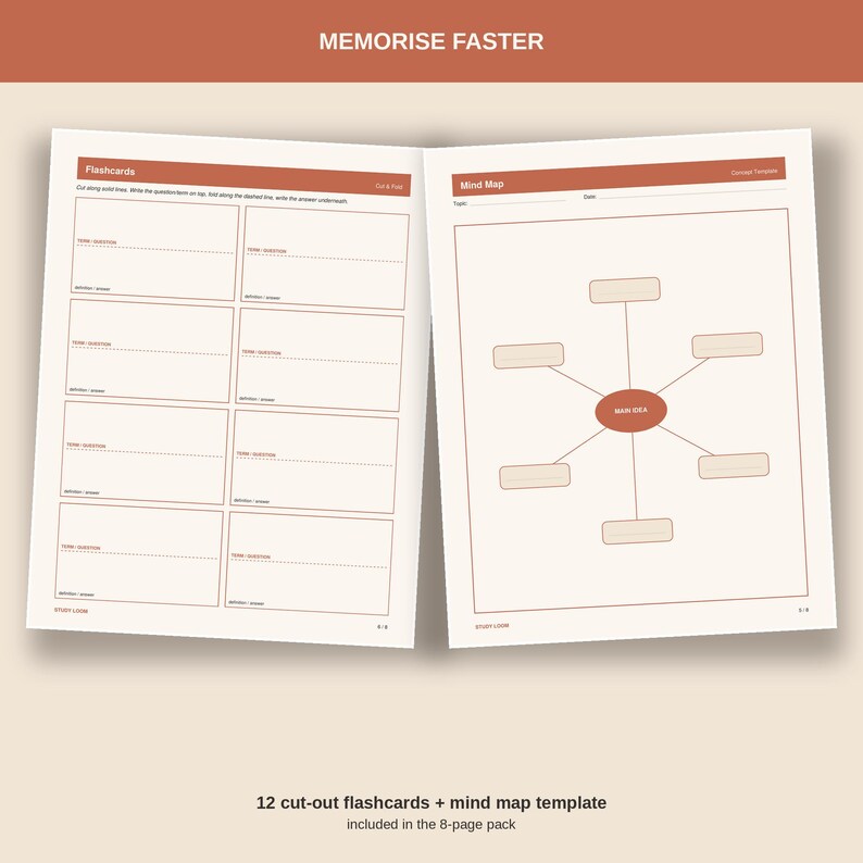 May include: A study planner template featuring two pages with a terracotta and cream color scheme. The left page contains eight flashcard templates with dotted lines, while the right page displays a central mind map diagram with six branches.