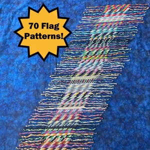 May include: A collection of 70 colorful friendship bracelets, each with a different flag pattern, displayed against a blue background.  70 Flag Patterns! is written in yellow on a starburst.