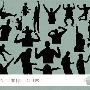 May include: A set of 17 black silhouette images of people in various poses, including jumping, dancing, and standing. The silhouettes are all against a light green background.