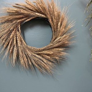 Puede incluir: Una corona de trigo con tallos de trigo secos marrones naturales dispuestos en forma circular. La corona está colgada en una pared azul.