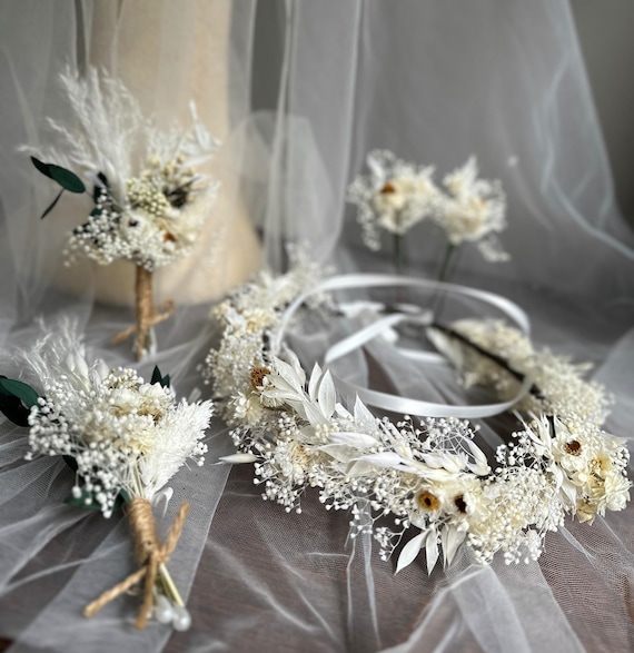 Corona de novia de flores secas blancas: Tocado de aliento de bebé