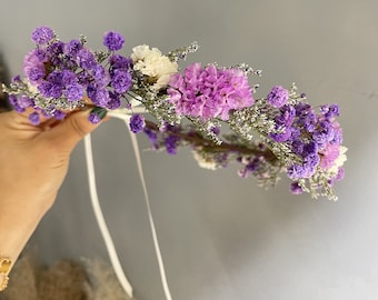 Baby Breath Crown/Dried Flower Crown/Purple Bohemian Flower Crown/Bridal tiara/Bridesmaid wreath