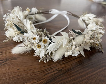 Witte gedroogde bloemkroon, bruidsmeisje bloemcadeau, rustieke & boho haarkrans, meisje kind kroon, bruid haartoebehoren, verlovingskroon