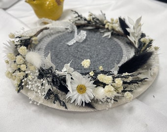 Couronne de haleine de bébé, couronne noire et blanche, couronne de demoiselle d'honneur noire, couronne de fleurs séchées