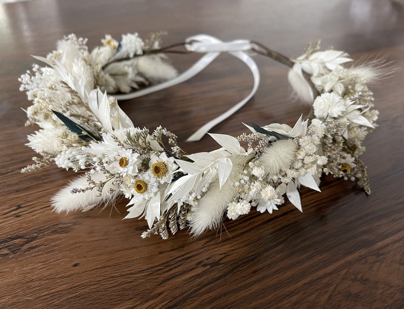 Couronne de fleurs séchées blanches, cadeau de fleurs de demoiselle d'honneur, couronne de cheveux rustique et bohème, couronne de petite fille, accessoire de cheveux de mariée, couronne de fiançailles Adult