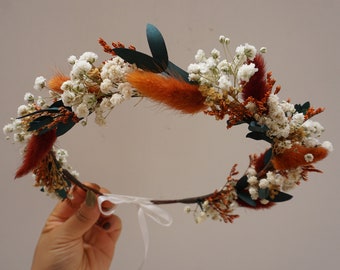 Burnt Orange Dried Flower Crown, Bridesmaid Flower Gift, Rustic&Boho Hair Wreath, Girl Child Crown, Bride Hair Accessory, Engagement Crown