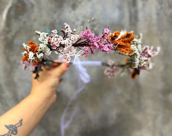 Colorful Dried Flower Crown: Bohemian Hair Wreath, Bridal Accessory