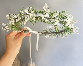 Couronne de mariée verte Couronne de fleurs blanches Couronne de fleurs séchées Couronne de demoiselle d'honneur