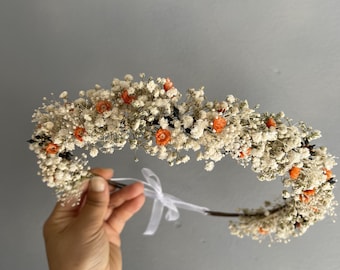 Baby Breathing Crown/Wedding Dry Flower Crown/Orange Bohemian Flower Headwear/White Bride Flower/Triaras/Dried flower bridal wreath