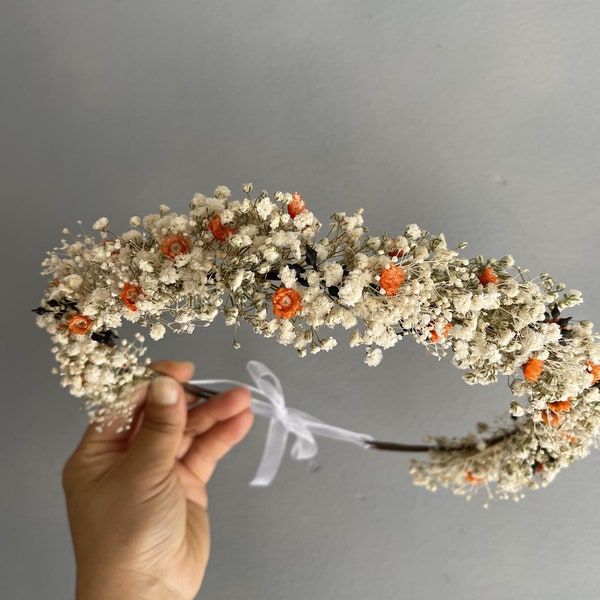 Baby Breathing Crown/Wedding Dry Flower Crown/Orange Bohemian Flower Headwear/White Bride Flower/Triaras/Dried flower bridal wreath