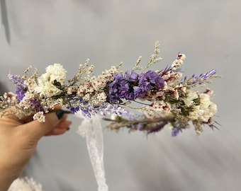 Corona di lavanda viola, corona di capelli Country e Boho, corona da ragazza, accessorio per capelli della sposa, corona di fidanzamento, corona di fiori artificiali