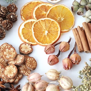 Puede incluir: Una colección de rodajas de naranja secas, palitos de canela, anís estrellado y otros elementos naturales para manualidades o decoración.