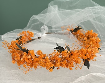 Baby's Breath Crown Dried Flower Crown brunt Orange  bridesmaid Crowns Autumn wedding