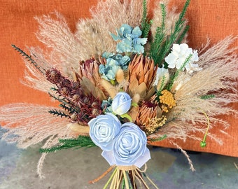 Dried Flower Bouquet/Wedding bouquet/Blue and White bouquet/Home decor/Artificial roses