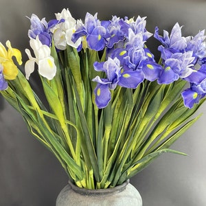 May include: A bouquet of purple, white, and yellow irises in a gray vase. The irises are arranged in a fan shape, with the purple irises in the center and the white and yellow irises on the edges.