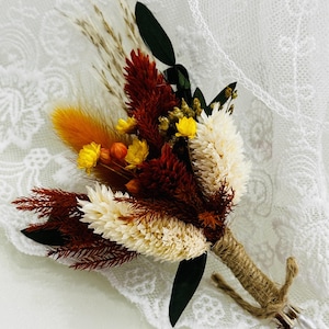 Green Eucalyptus wedding boutonniere, best man flower accessories, groom buttonhole, Orange Dried flower Bohemian Country  boutonniere