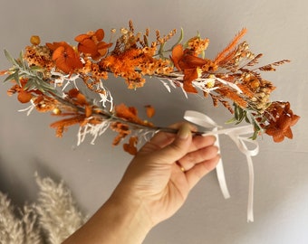 Burnt Orange Dried Flower Crown, Bridesmaid Flower Gift, Rustic&Boho Hair Wreath, Girl Child Crown, Bride Hair Accessory, Engagement Crown