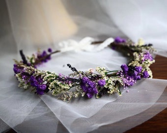 Purple Baby's Breath Flower Crown: Bohemian Wedding Hair Wreath