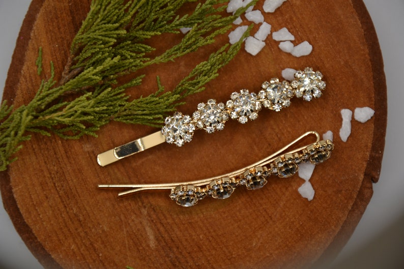 classic curved Hairpin bridal style, sparkling rhinestones diamonds glitter shiny, hairclip bobby pin, set of 2, silver gold gold/curved