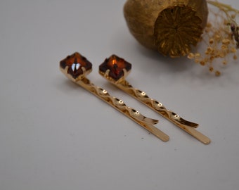 Spiral Haarnadel gold mit brauner Raute, Haarschmuck für die Braut, Haarspange, Bobby pins, 2er Set