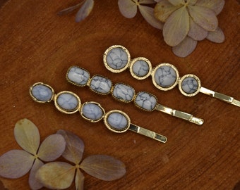 gold marble stone hairpin, hairlip set of 2 gold, hairpins white blue bobby pin