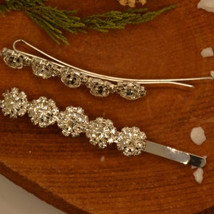 classic curved Hairpin bridal style, sparkling rhinestones diamonds glitter shiny, hairclip bobby pin, set of 2, silver gold image 2