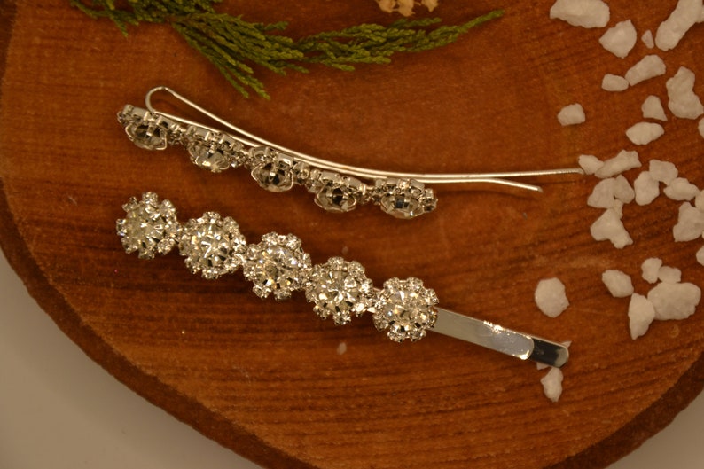 classic curved Hairpin bridal style, sparkling rhinestones diamonds glitter shiny, hairclip bobby pin, set of 2, silver gold image 2