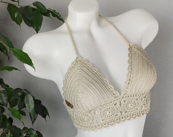 Beige Crochet Crop Top, Granny Square Bralette