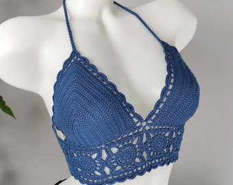 Navy Blue Granny Square Crochet Top