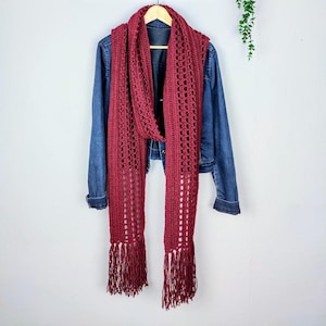 Burgundy Wool Blend Crochet Winter Extra Long Scarf
