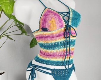 2 Piece Crochet Swim Set, Crochet Halter Top and Brazilian Bottom