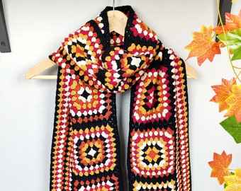 Crochet Granny Square Long Scarf, Vintage & Bohemian Accessory